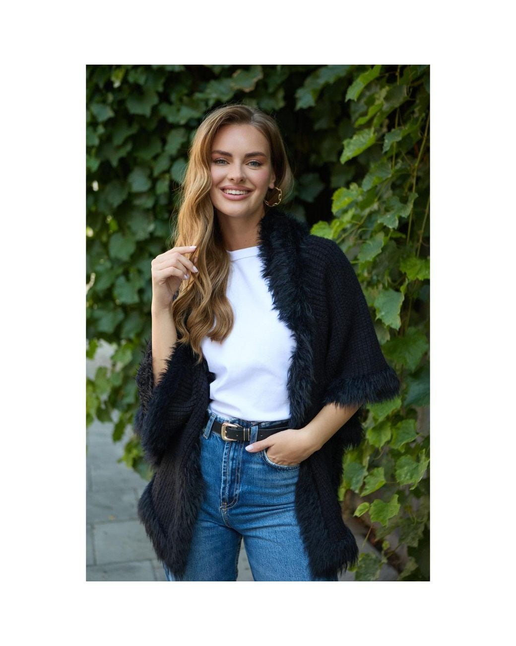 Saachi Black Fur Trim Knit Open Cardigan