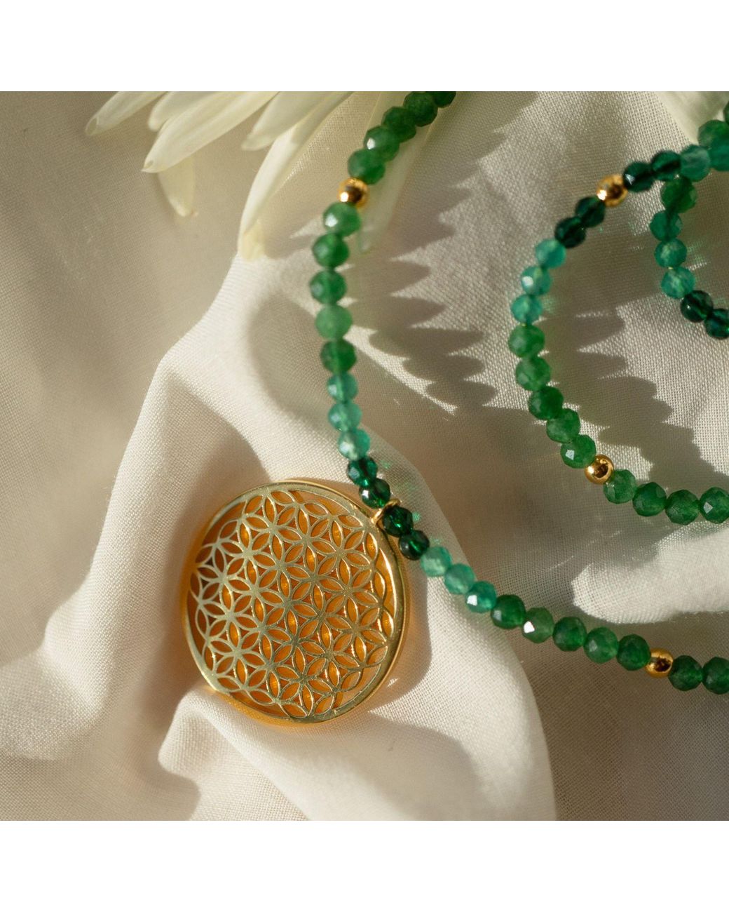 Seven Saints Metallic Joy And Prosperity Flower Of Life Necklace, Aventurine, Spinel, Chrysoprase, All Gender
