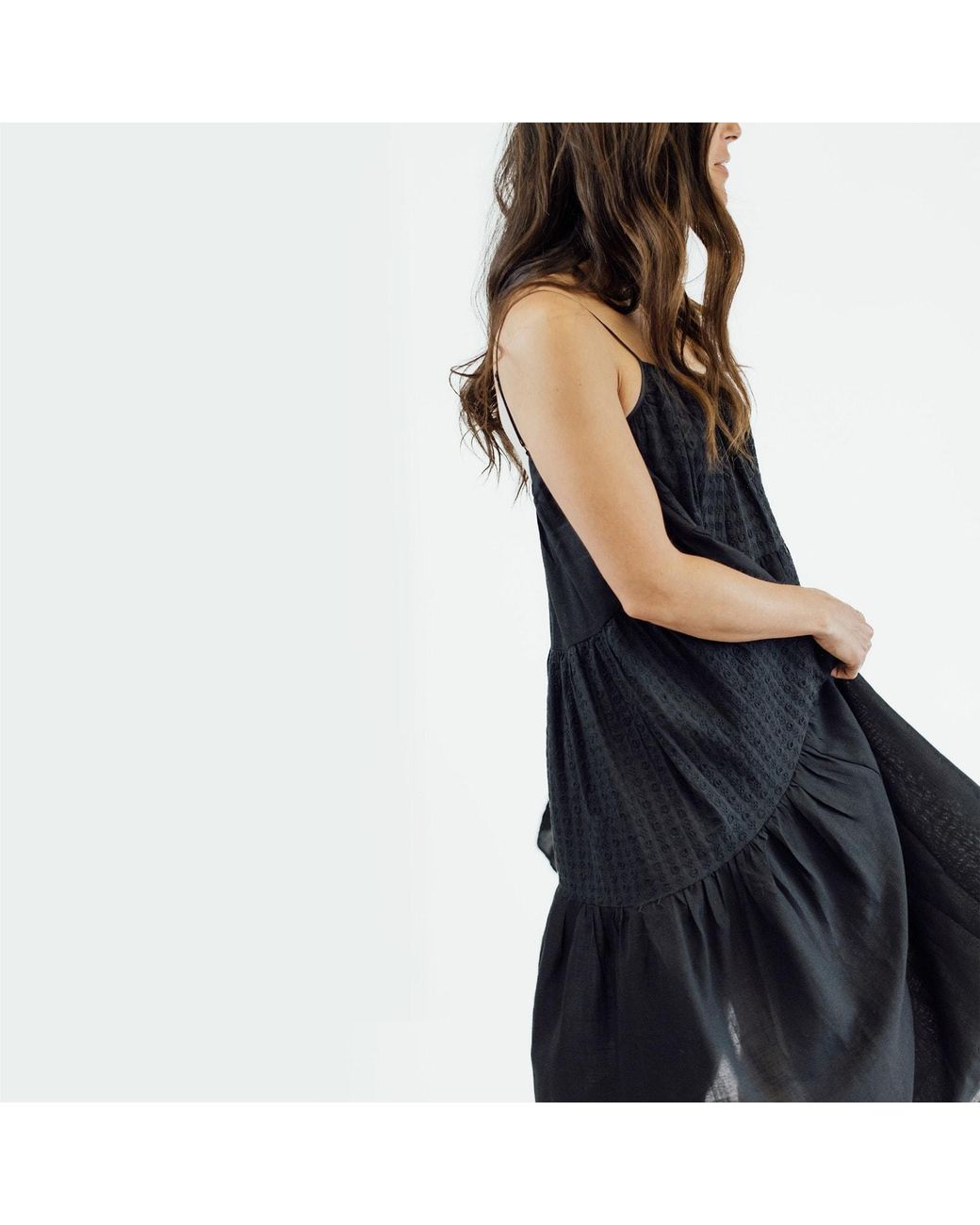 Zenzee Black Cotton Linen Tiered Patchwork Slip Dress