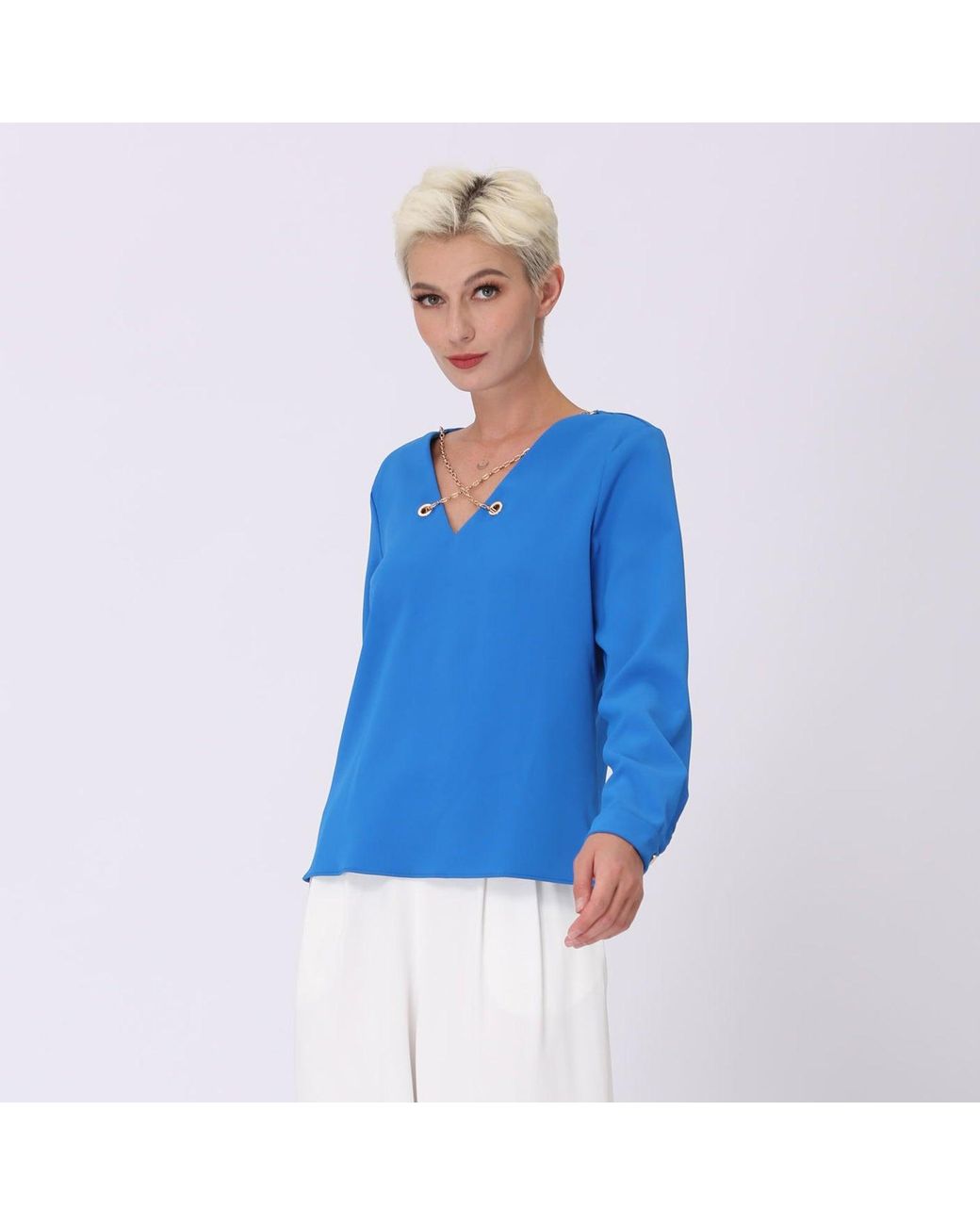 Smart and Joy Blue V-Neck Blouse And Decorative Chain