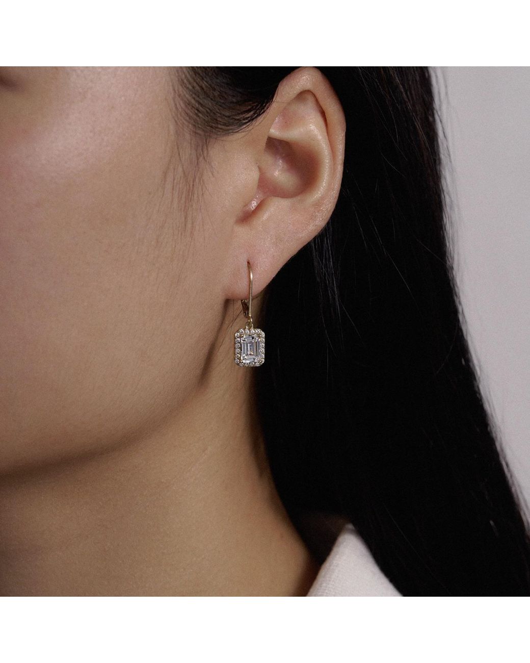 Diamonbliss Metallic Emerald Cut Halo Leverback Earrings, Two Carats