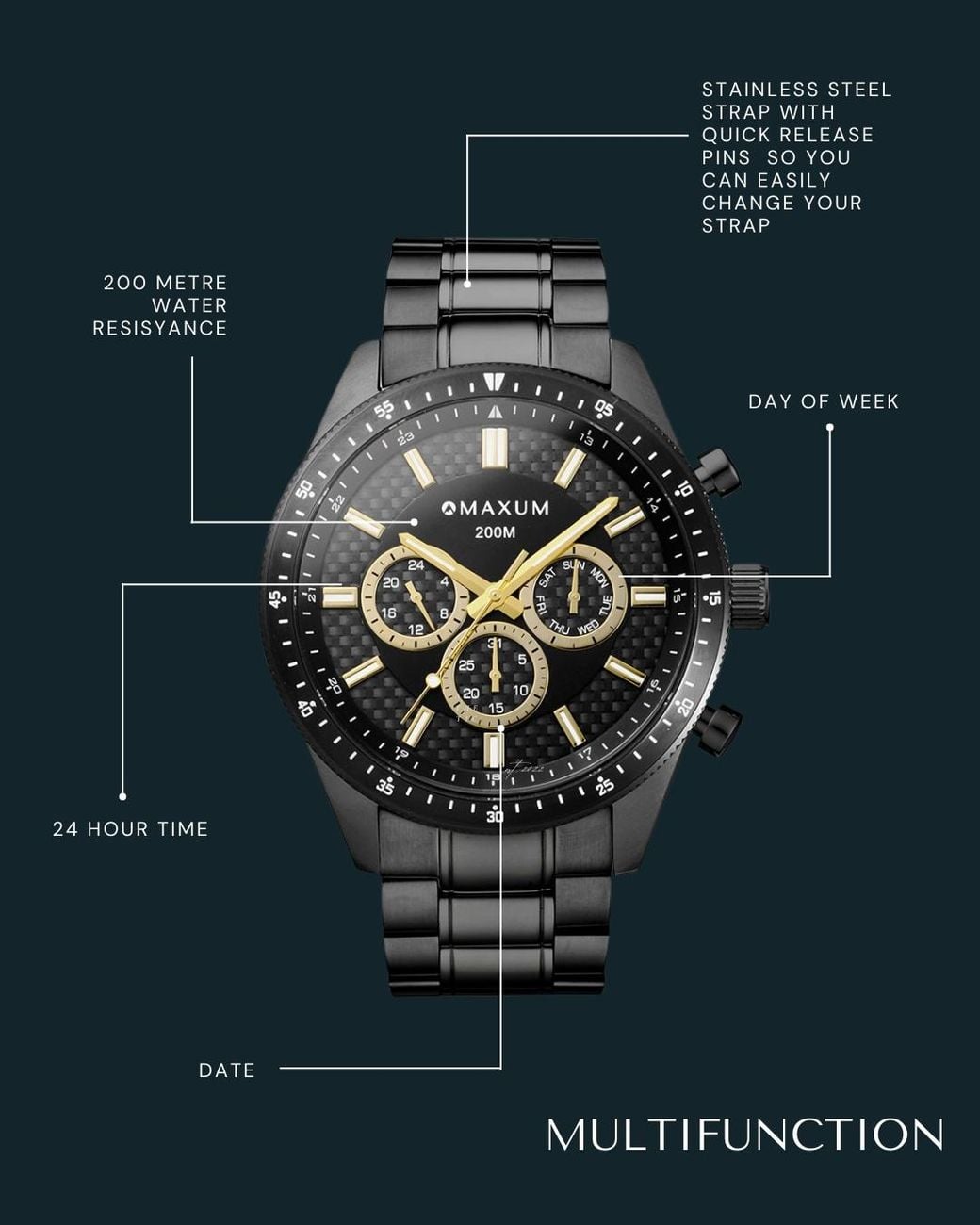 Maxum Black Lansdowne Back Multifunction Watch for men