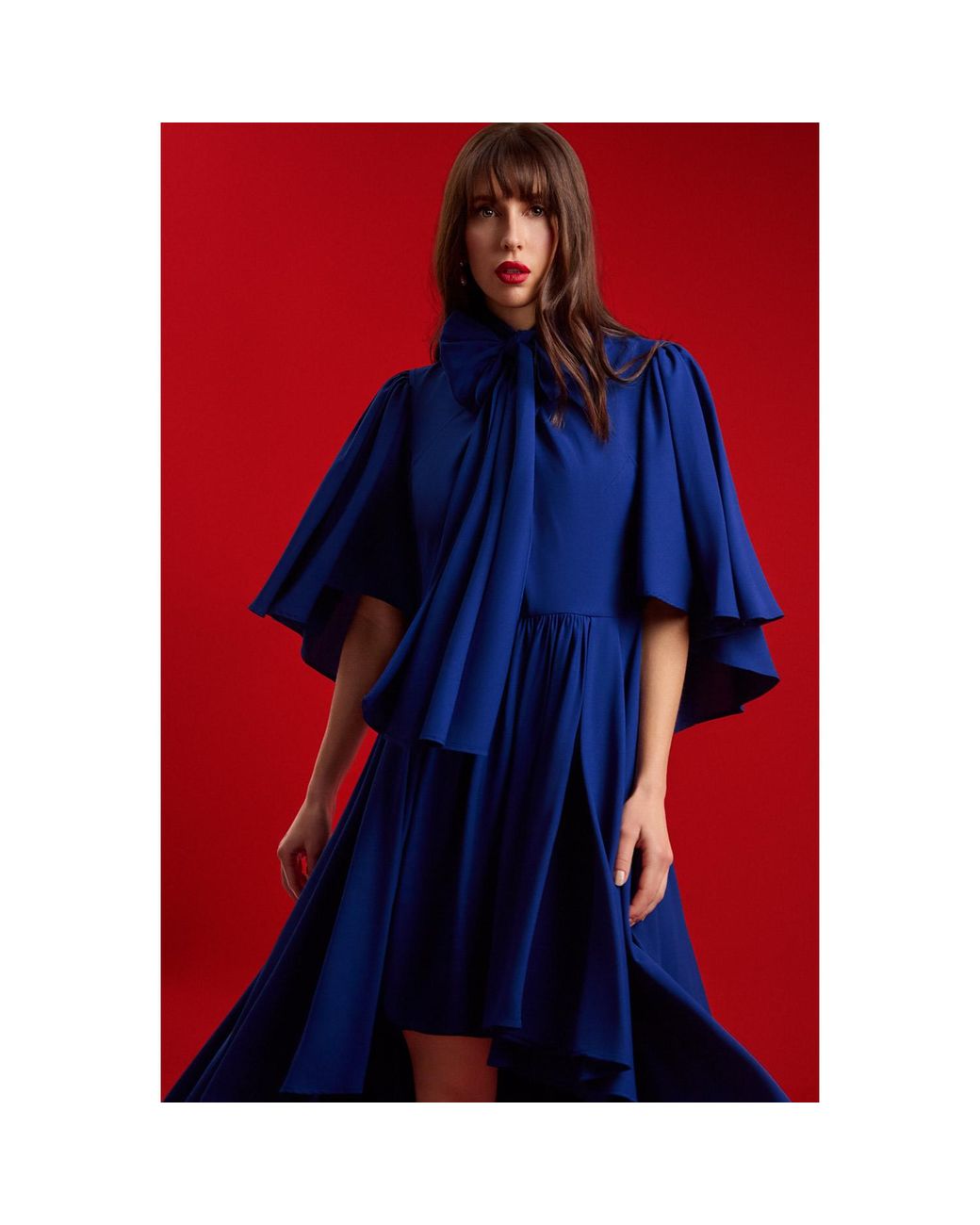 Femponiq Blue 'Bow Tie Neck Cape Sleeve Maxi Dress
