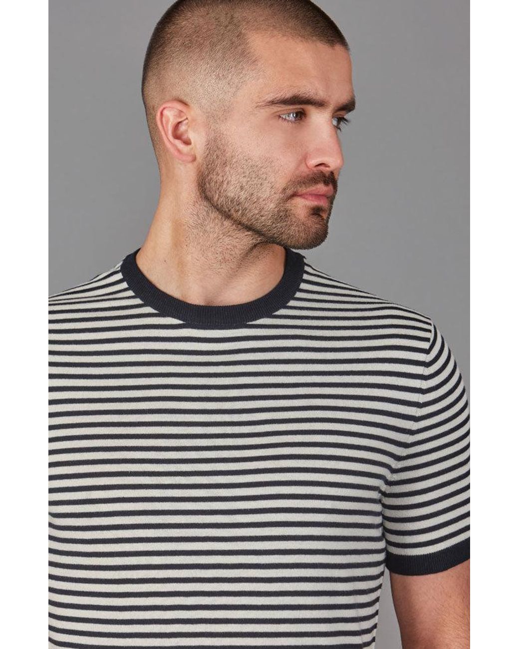 Paul James Knitwear Black Ultra Fine Cotton Antonio Knitted Narrow Breton Stripe T-Shirt for men
