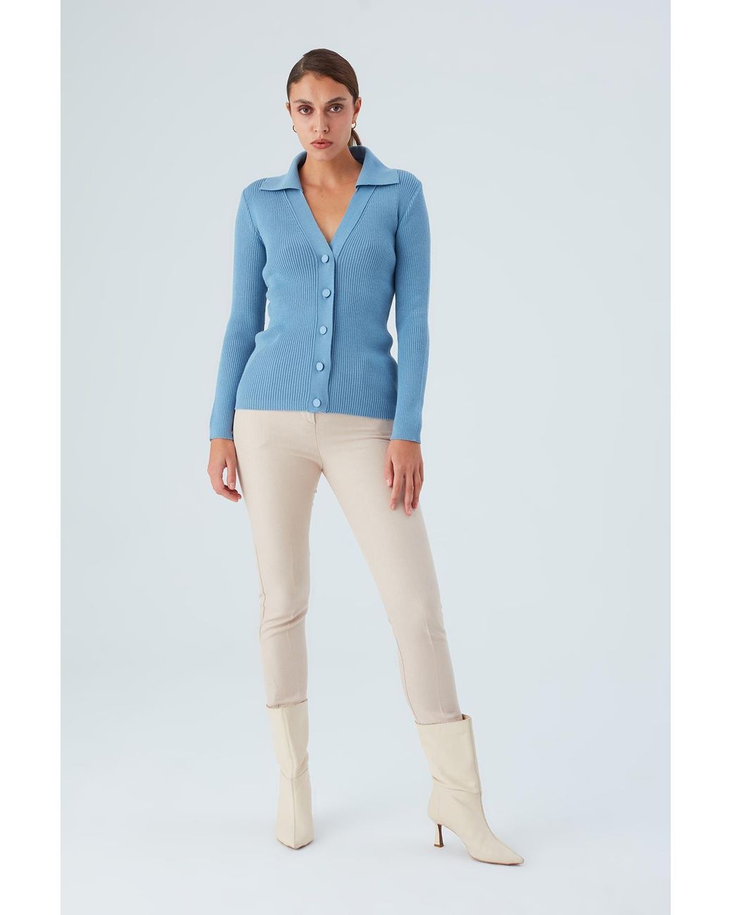 Peraluna Blue Polo V-Neck Ribbed Knit Cardigan