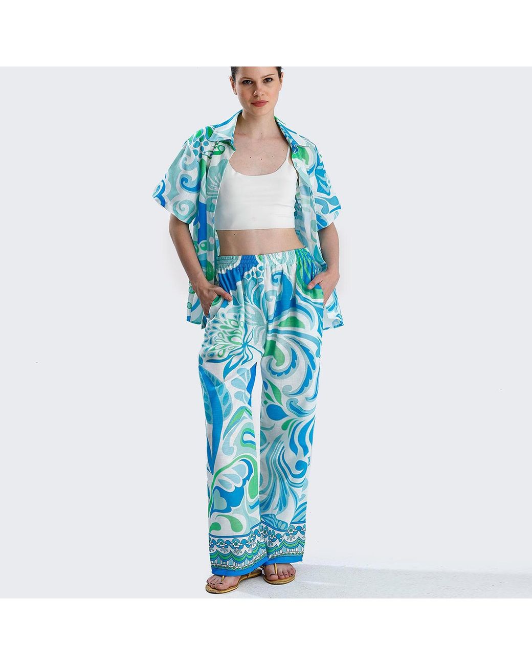 LOVEIST STORE Blue Venice Abstract Print Wide Leg Trousers