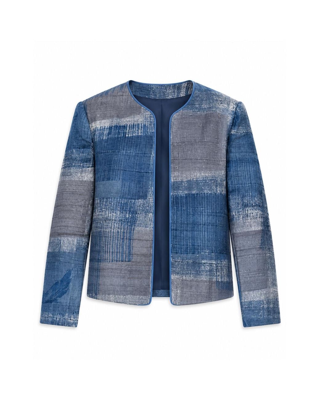 Stovaria Blue Handblock Printed Pure Tussar Silk Statement Jacket