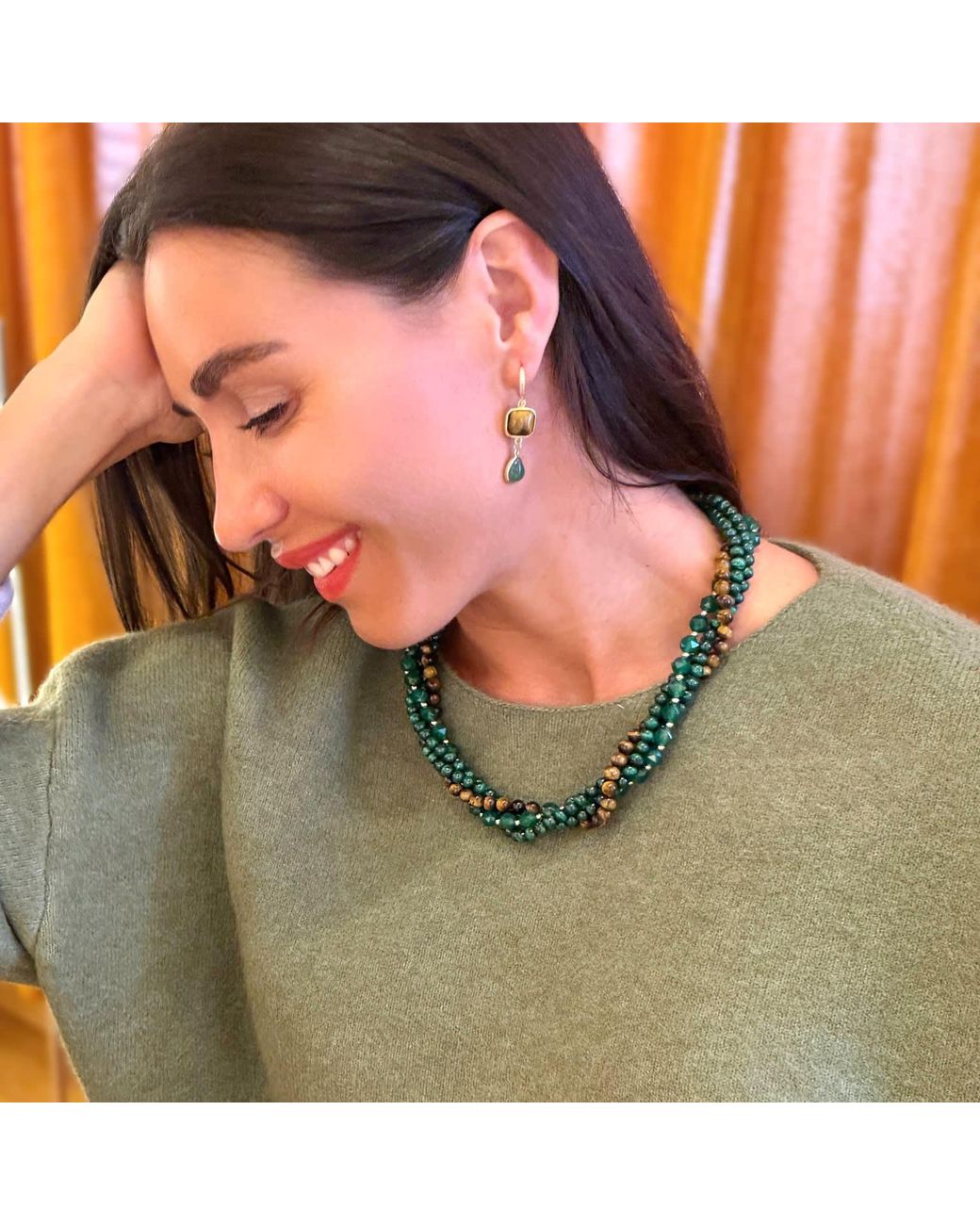 Farra Green Tiger-Eye Stone And Teardrop Aventurine Dangle Earrings
