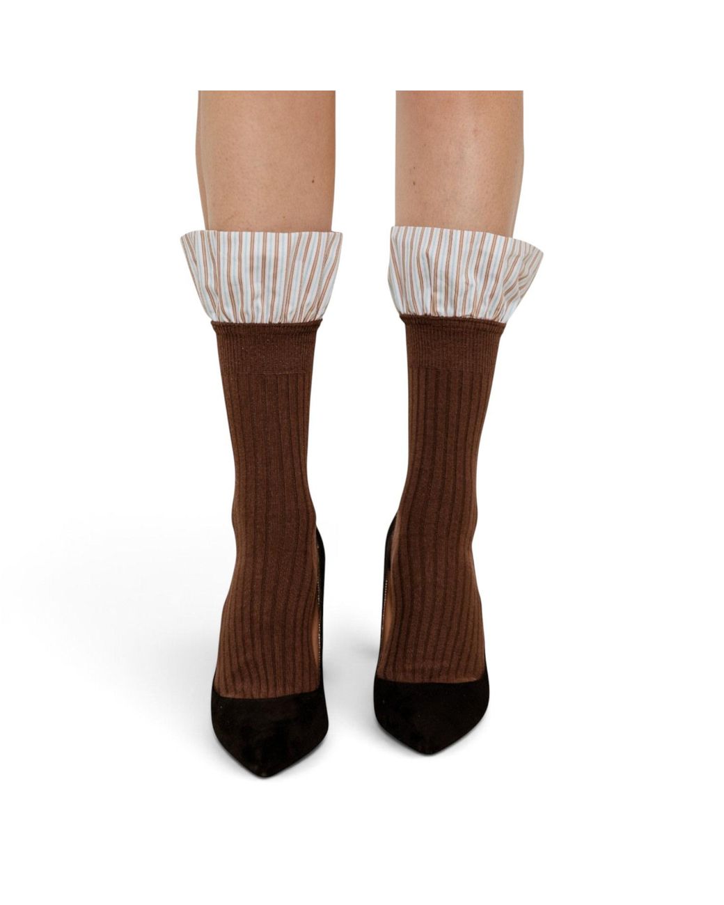 HIGH HEEL JUNGLE by KATHRYN EISMAN Brown Lauren Pinstripe Cuff Socks