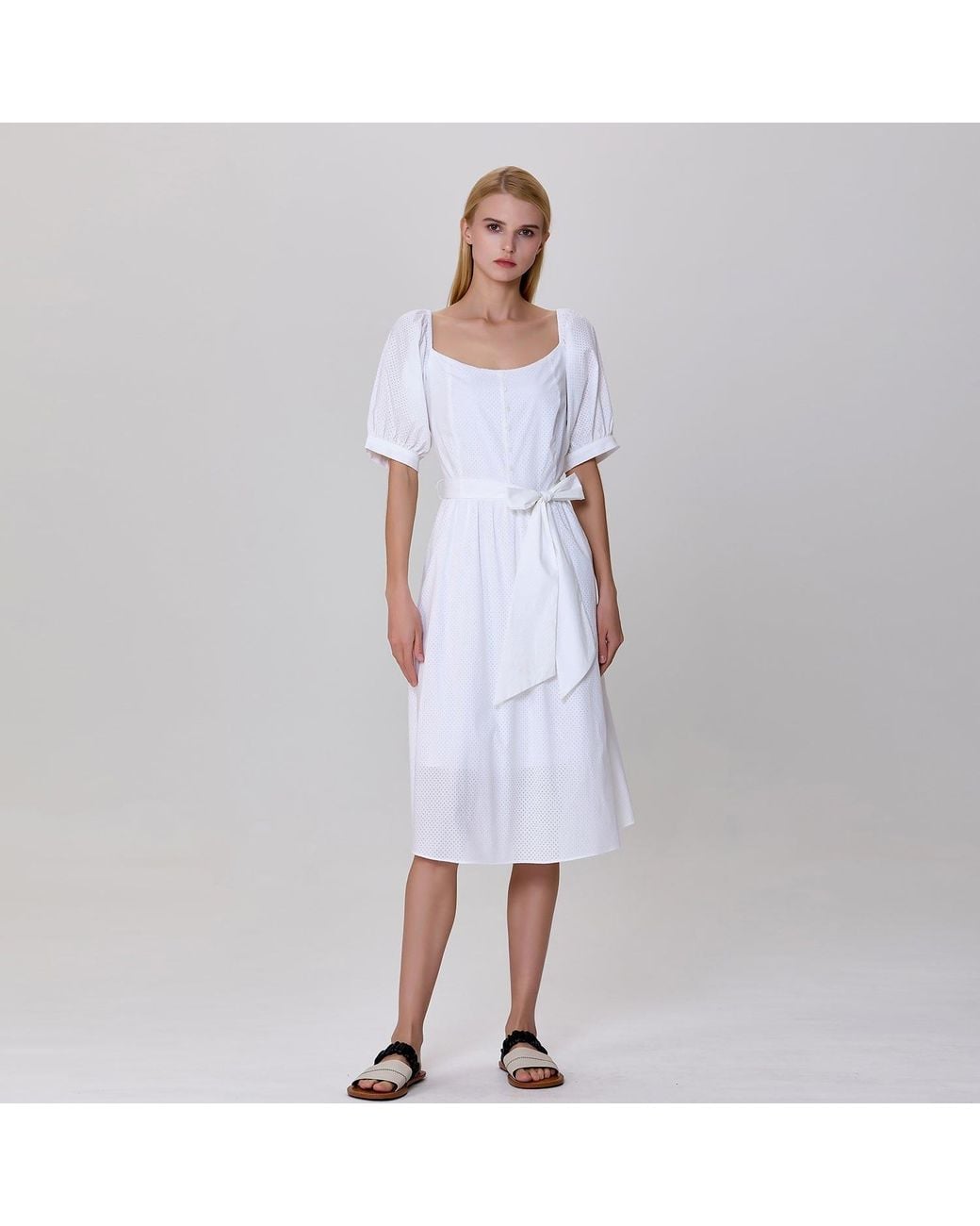 Smart and Joy White Puffy Sleeves Fit-And-Flare Blouse-Dress