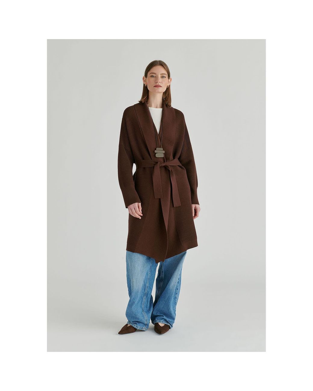 Paisie Brown Draped Collar Ribbed Cardigan