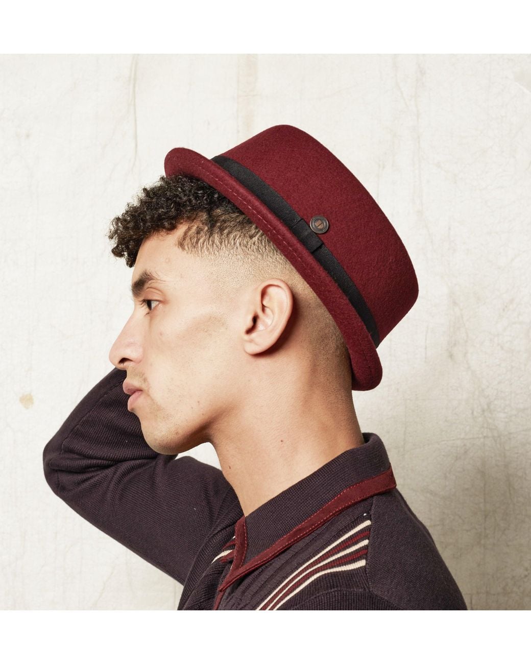 Dasmarca Hats Red Jack Vino Burgundy Felt Skimpy Brim Short Brim Rude Boy Mod Style Porkpie Hat for men