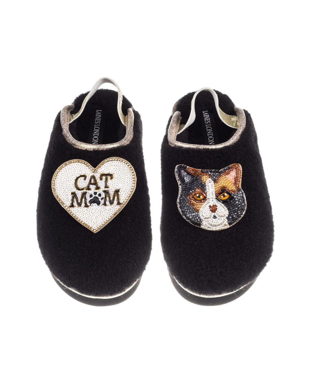 Laines London Black Flatform Cloud Slippers With Calico British Shorthair Cat & Cat Mum/Mom Brooches