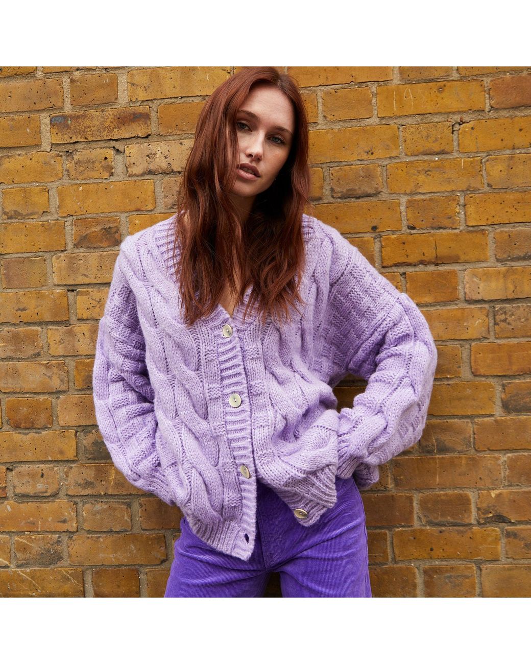 Cara & The Sky Purple Gemma Basket Stitch Balloon Sleeve Cardigan