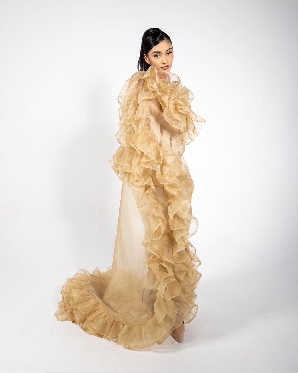 Jane Gala Metallic Neutrals Nude Silk Organza Hand-Beaded Ruffled Cape