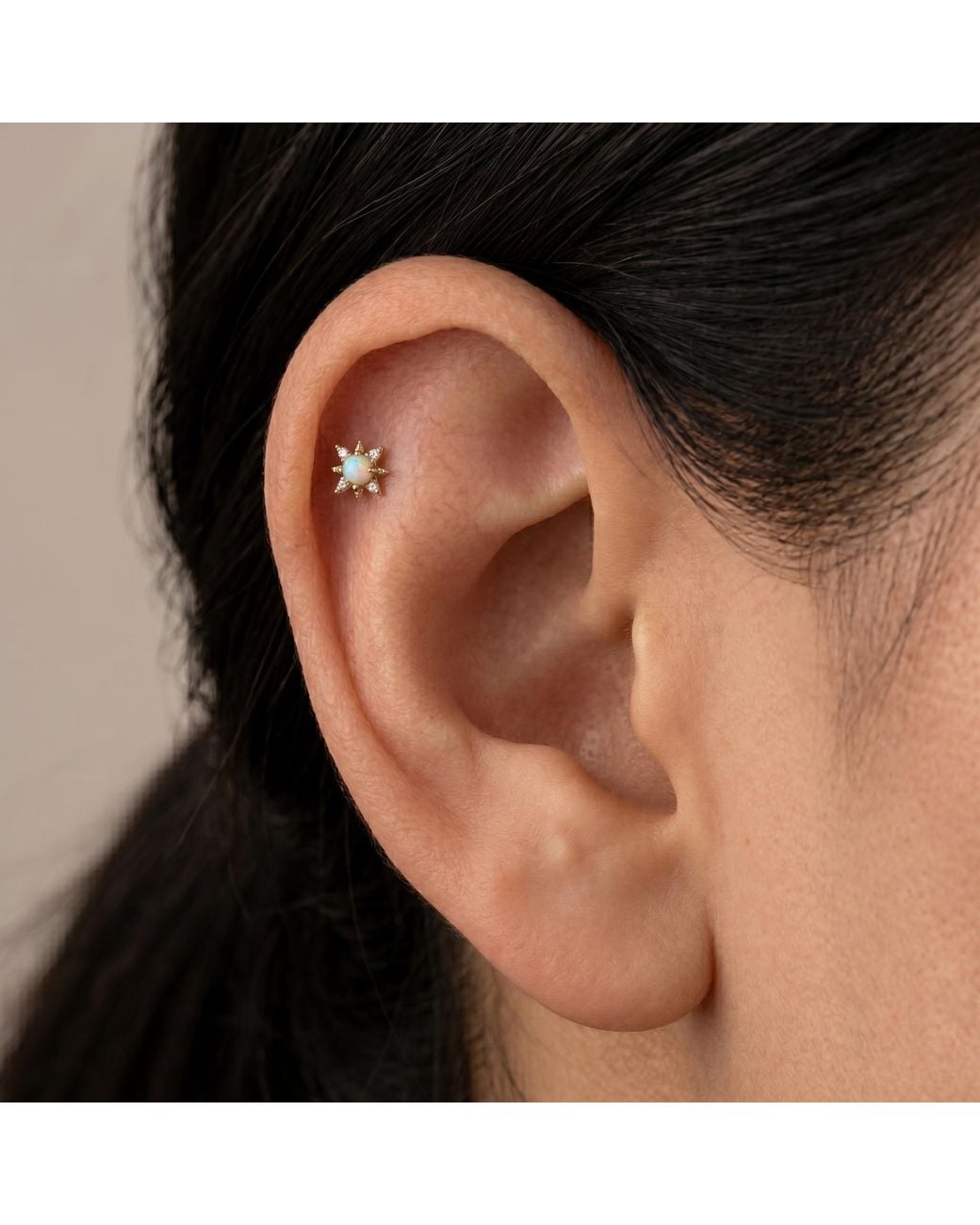 Zahav Jewelry Metallic 14K Solid 18G 8Mm Star Opal & Round Cz Internally Threaded Flat Back Stud
