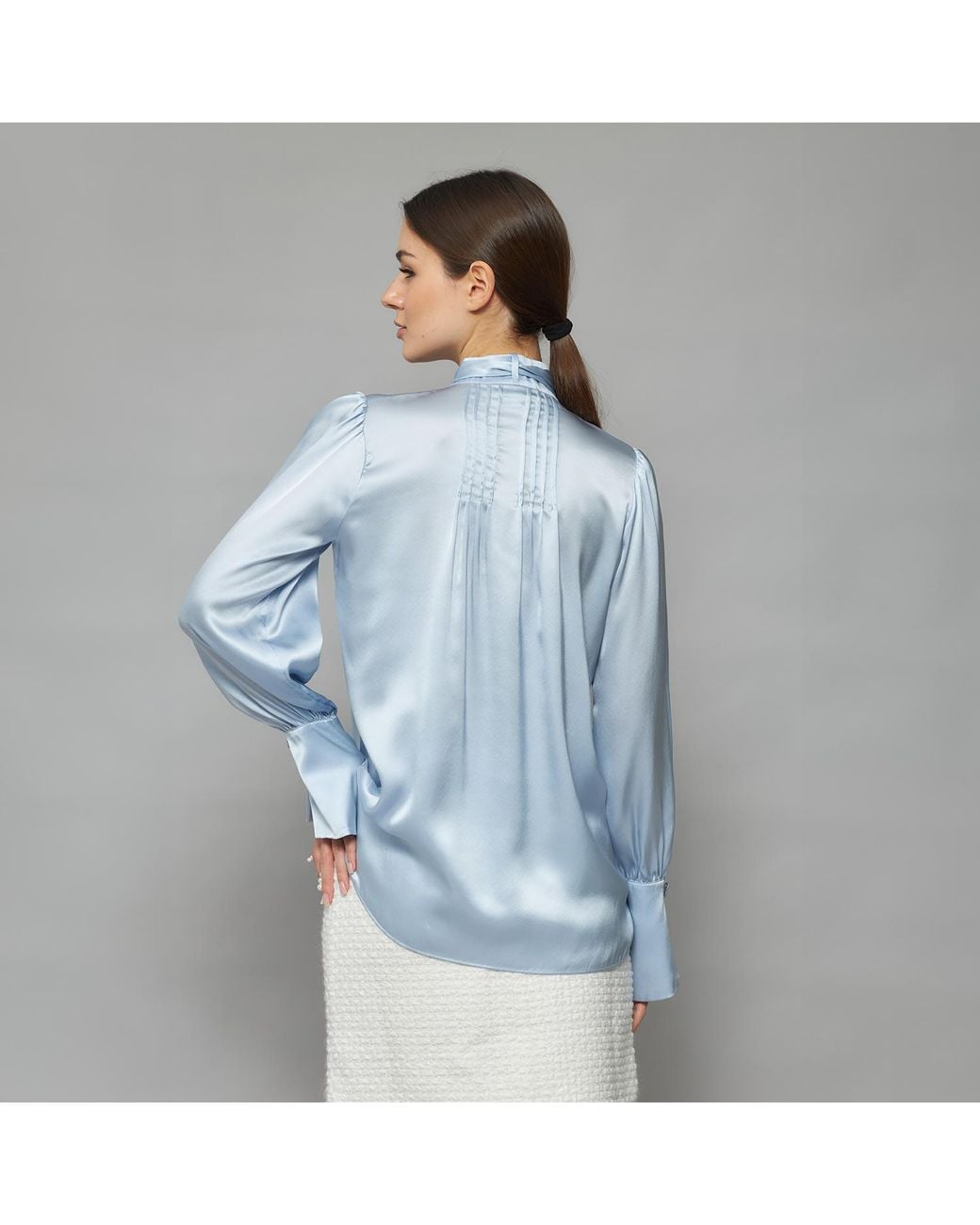 Solgo Atelier Blue Phaius Bow Tie Silk Charmeuse Blouse