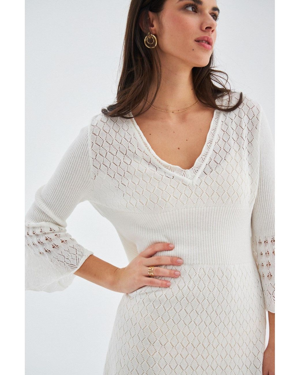 Peraluna White Yoho Openwork V-Neck Knit Mini Dress