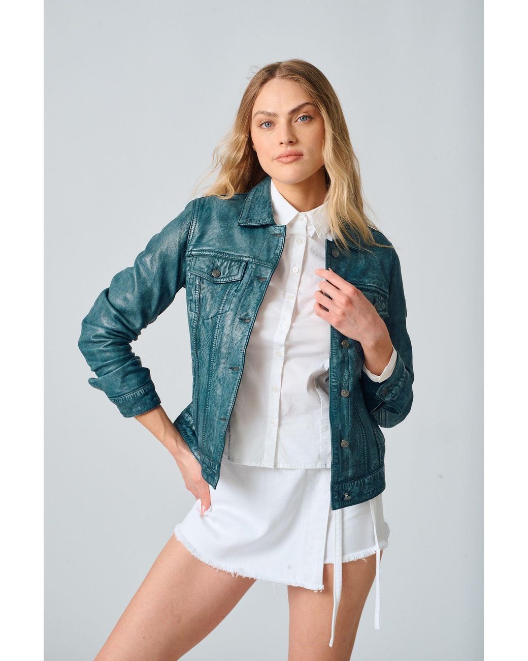 Mauritius Blue Leather Denim Jacket Jessie