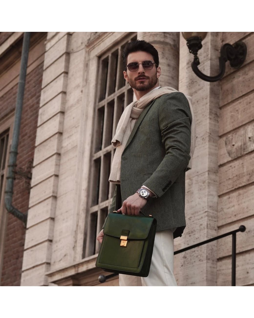 Time Resistance Green Small Leather Briefcase for men