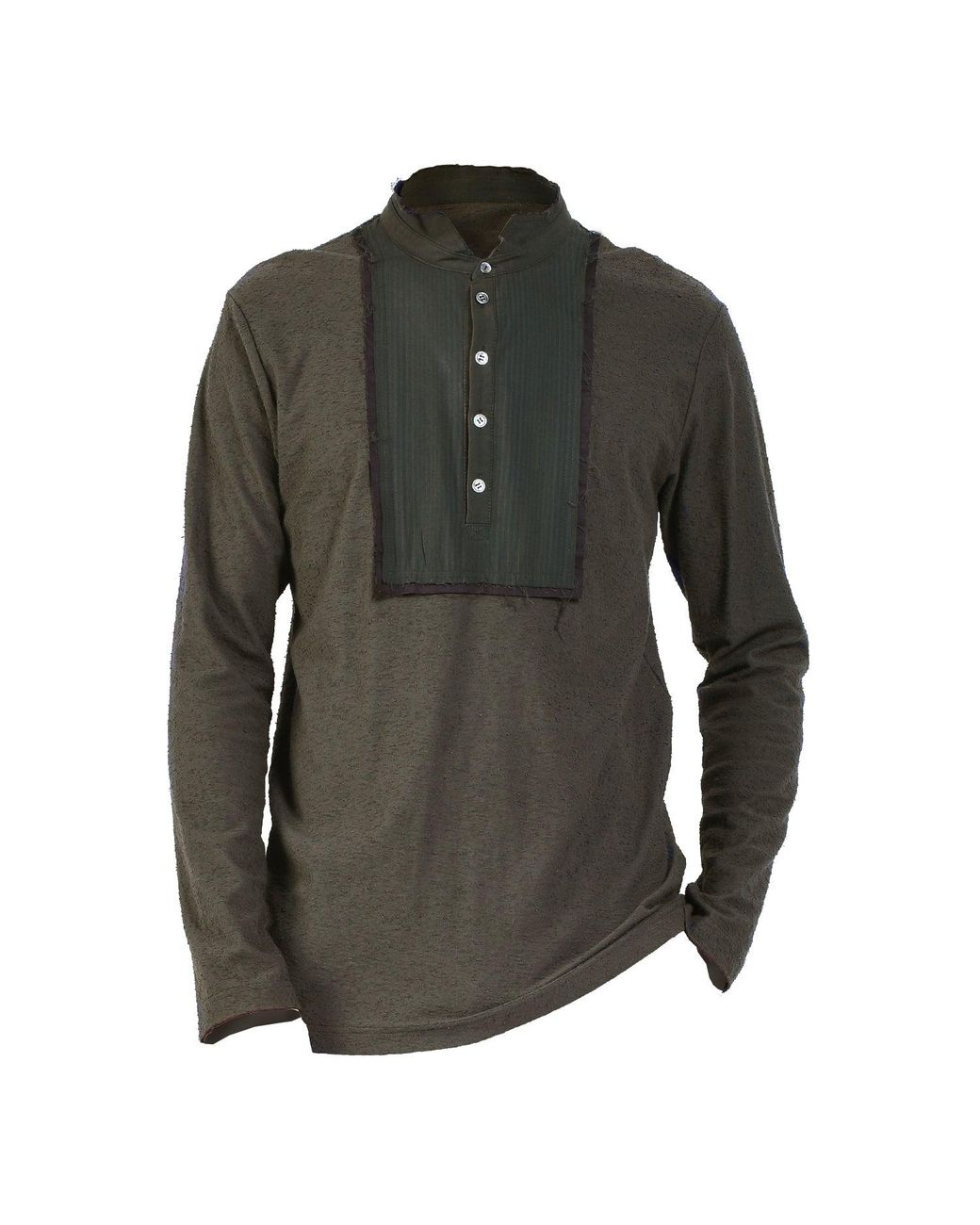 Smart and Joy Green Long-Sleeves T-Shirt With Topstitched Bib And High Collar for men