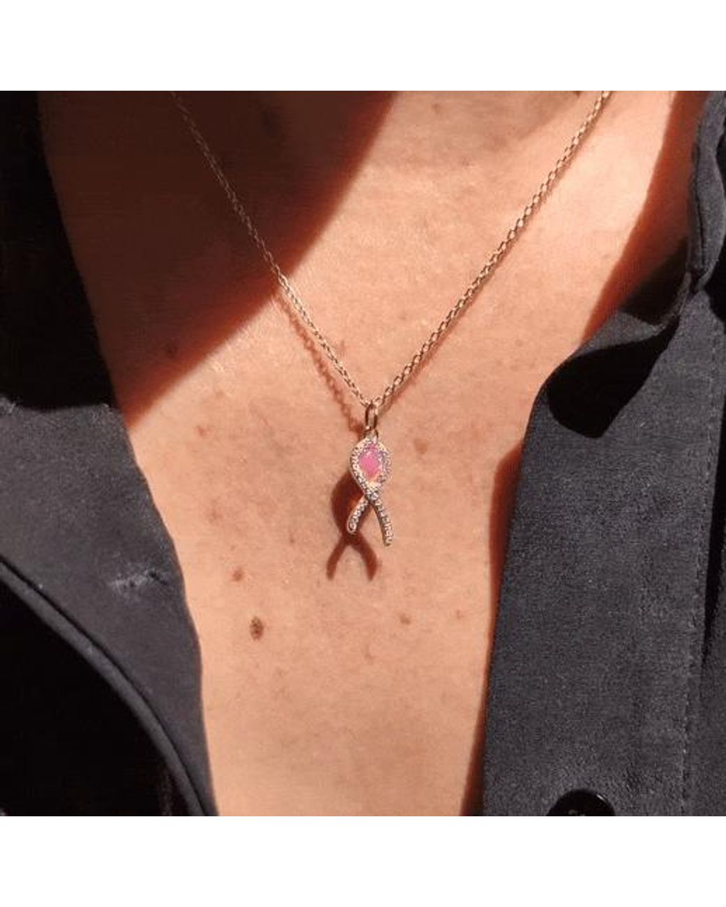 KAMARIA Metallic Cancer Ribbon Necklace With Opal