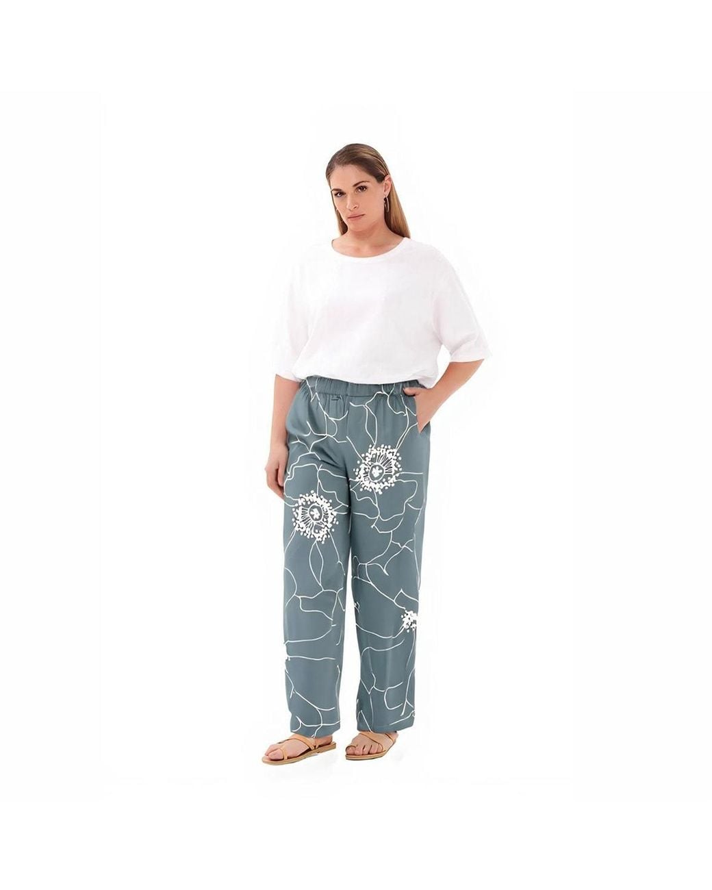 Haris Cotton Blue Printed Satin Elastic Waist Pants Peonies