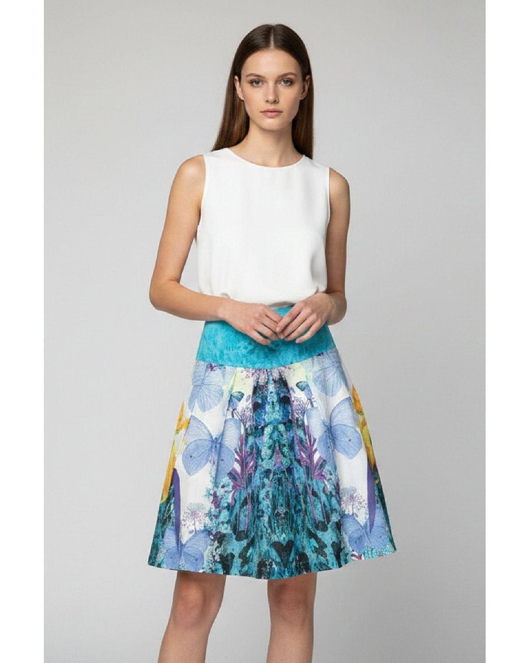 Conquista Blue Floral & Butterfly Print A-Line Skirt With Waistband