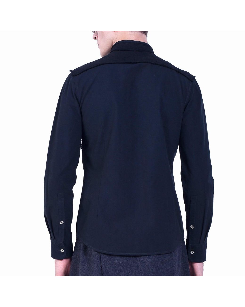 Smart and Joy Blue Bi-Material Shirt With Tied Stand-Up Collar for men