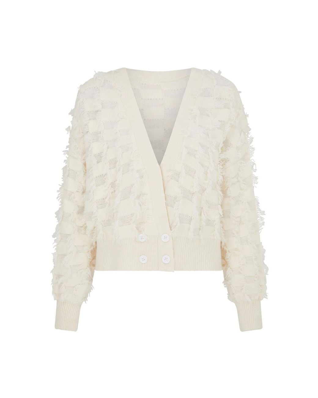 Sour Figs White Fringed Checkerboard Cardigan