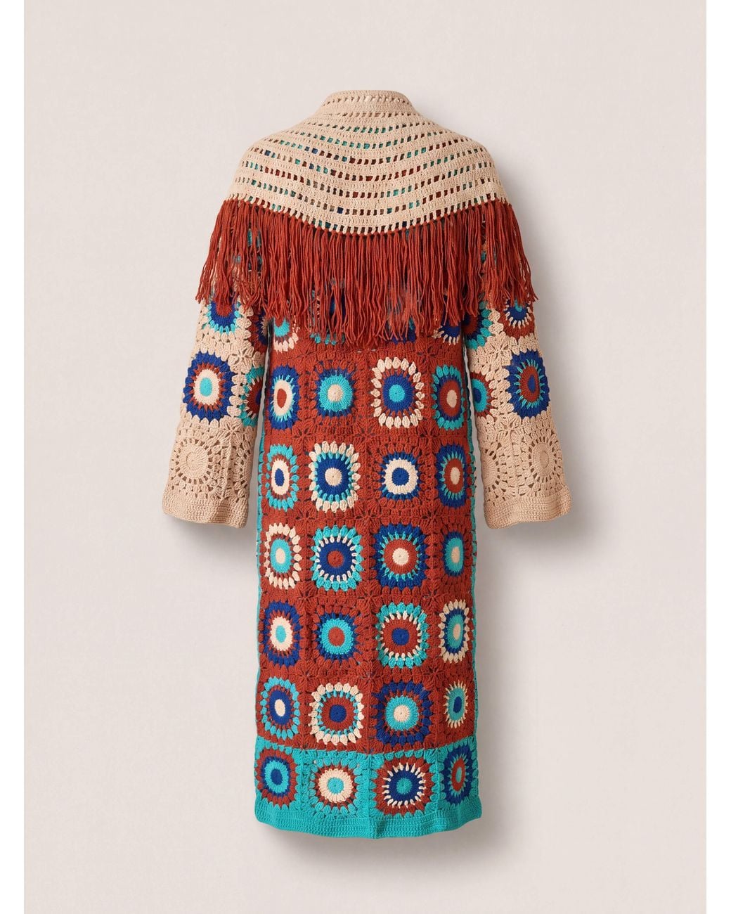 Ana Chic Blue Fringed Handmade Crochet Maxi Cardigan