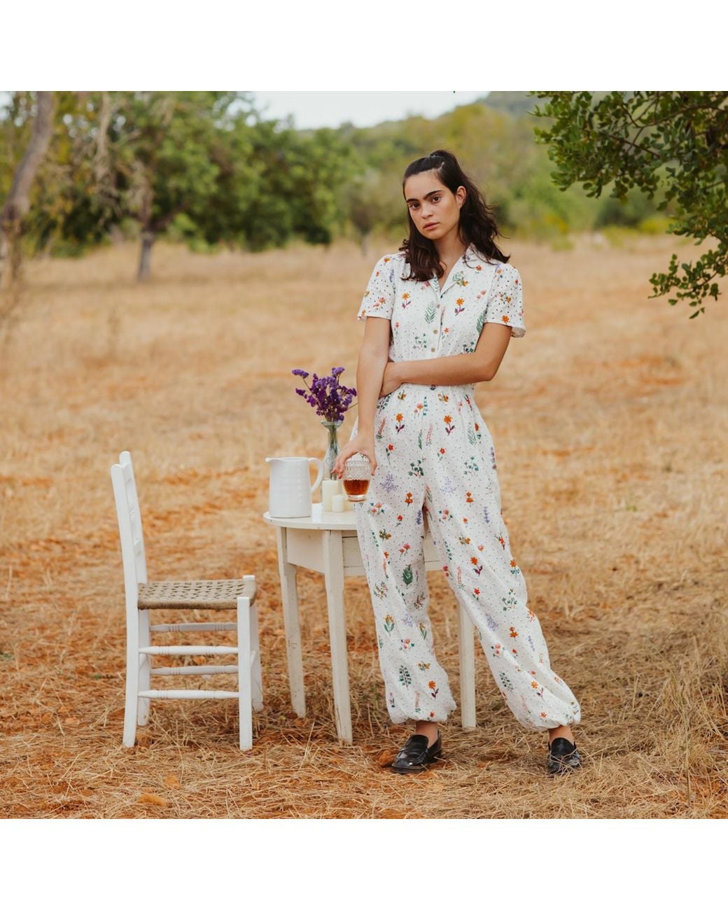 Em & Shi White Summer Herbs Jumpsuit