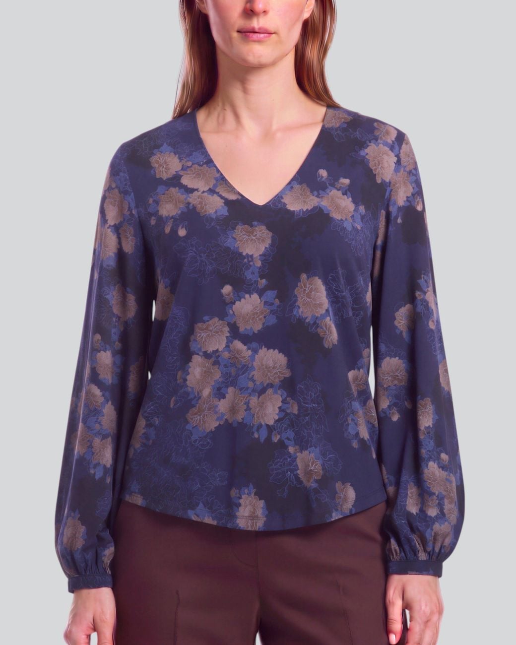 Lords of Harlech Blue Val Lans Floral Lyocell Stretch V-Neck Top