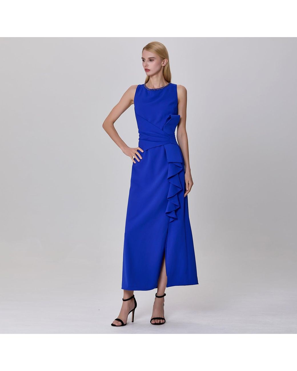 Smart and Joy Blue Asymmetric Ruffle Panel Dress