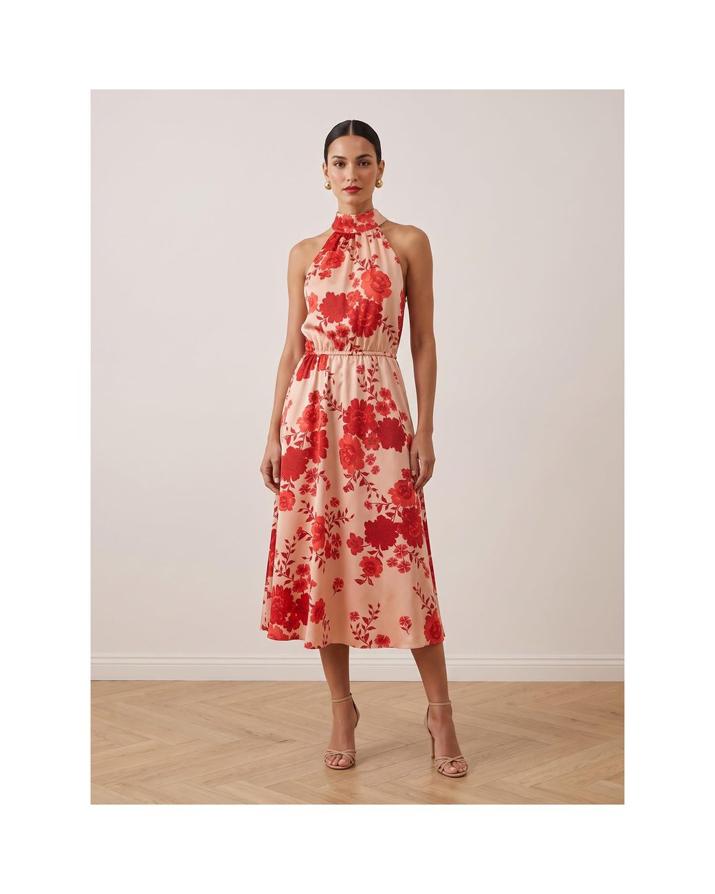 2KStyle Red Aber Floral Print Halterneck Satin Effect Midi Dress