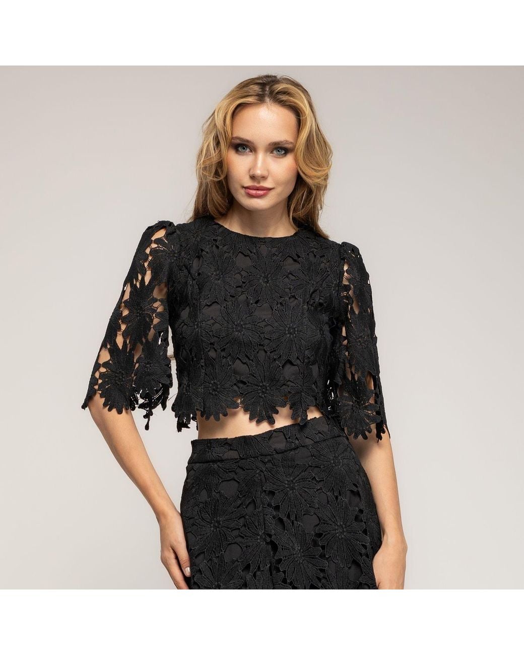 Tantra Spain Sl Black Cropped Guipure Top With Lantern Sleeves