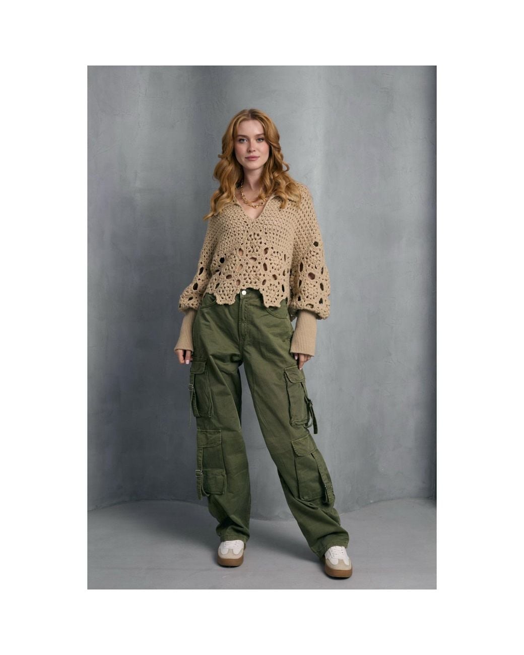 Saachi Natural Floral Crochet Pullover Sweater