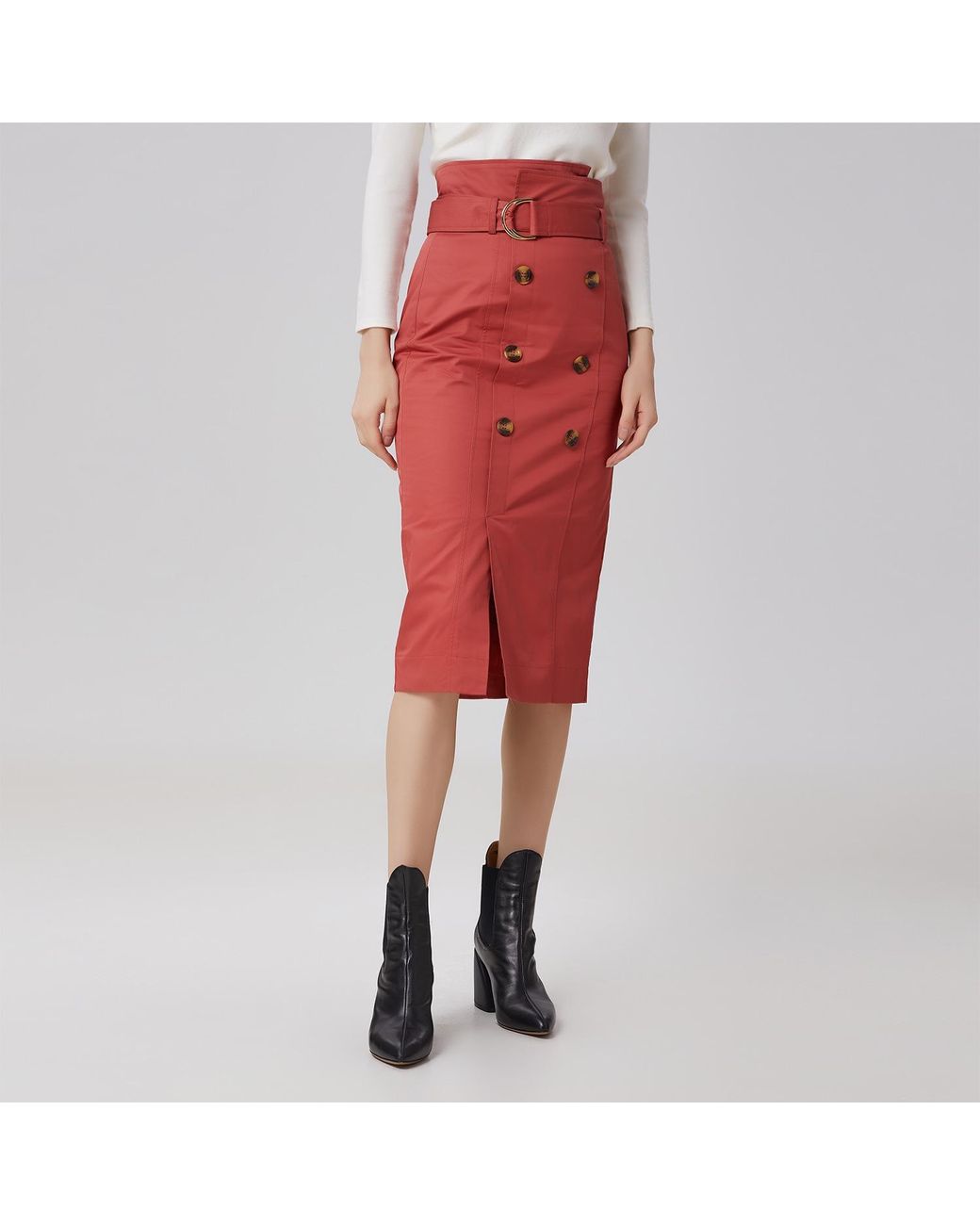 Smart and Joy Red Double-Breasted Straight Cotton Skirt With Belt