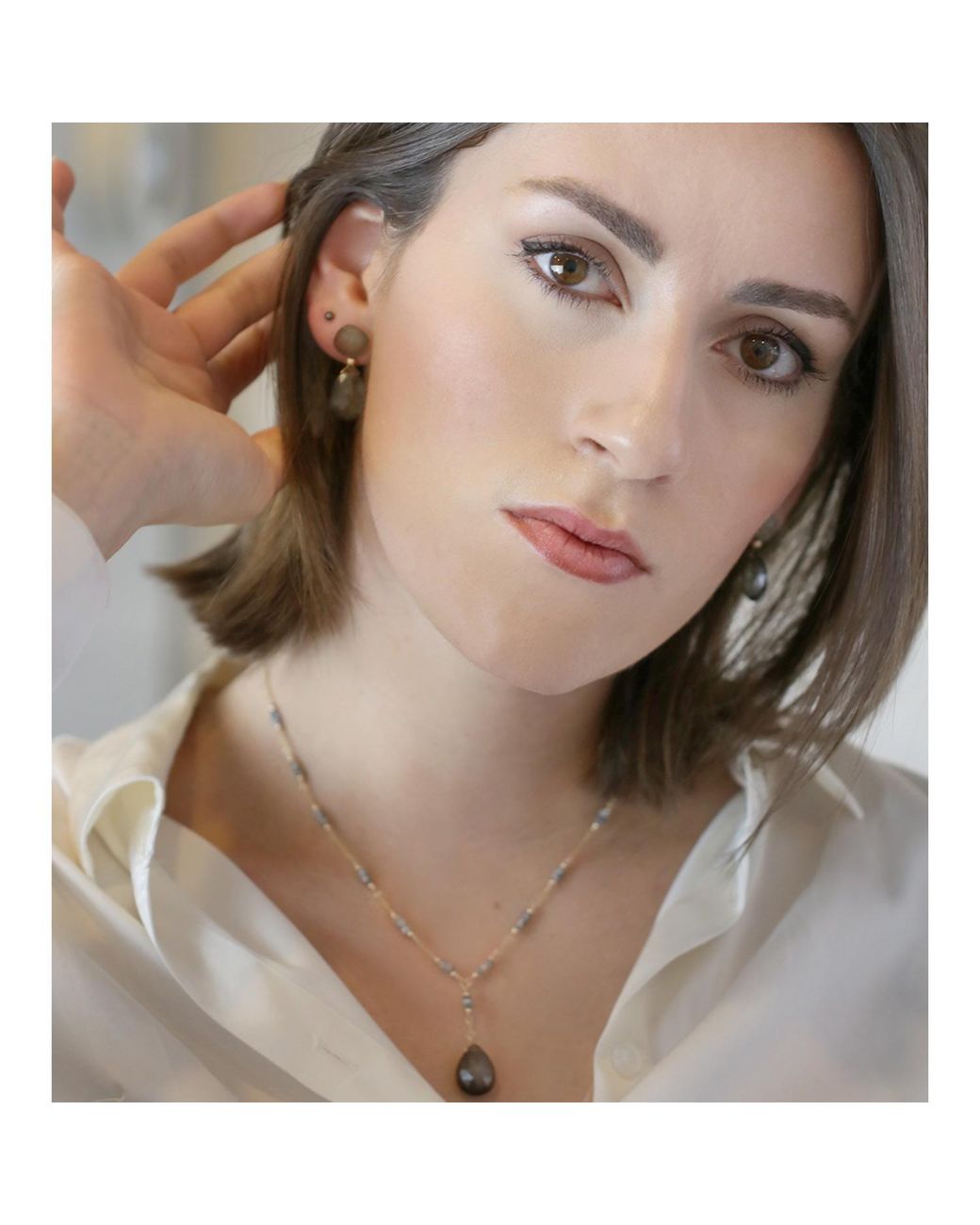 MOUNIR LONDON Metallic Grey Moonstone Drop Necklace