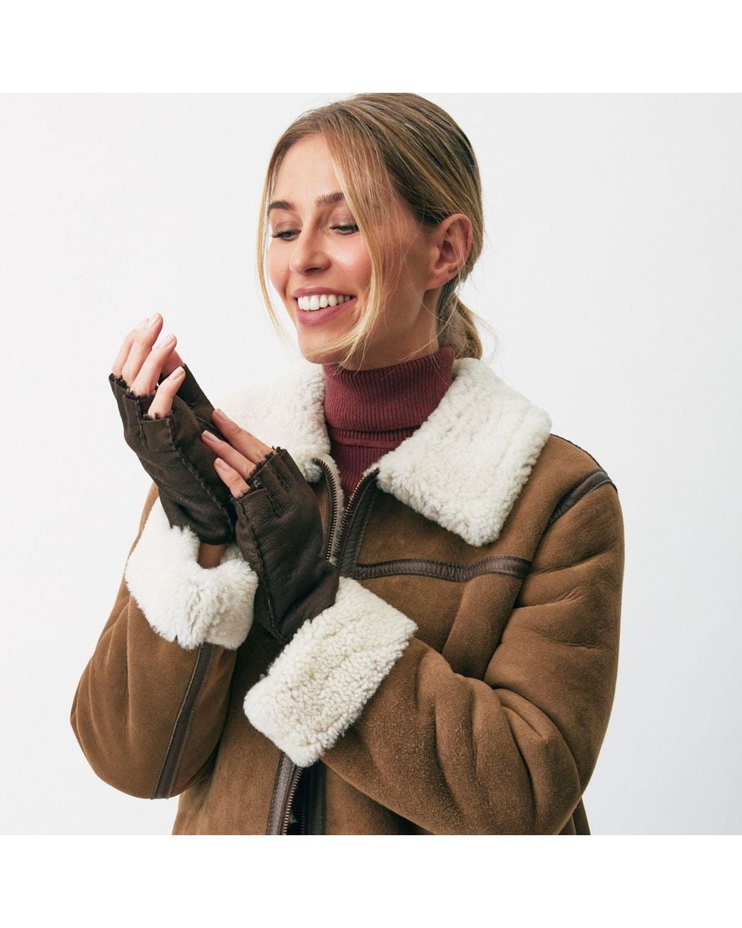 Owen Barry Brown Fingerless Gloves Hurricane Sheepskin British Made