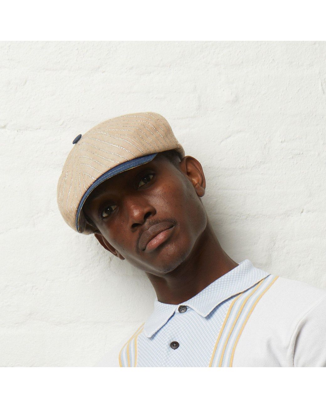 Dasmarca Hats Blue Neutrals Lloyd Stripe Peaked Summer Italian Linen Bakerboy Newsboy Cap for men