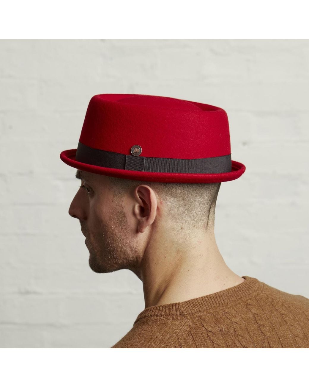 Dasmarca Hats Red Jack Ruby Felt Skimpy Brim Short Brim Rude Boy Mod Style Porkpie Hat for men