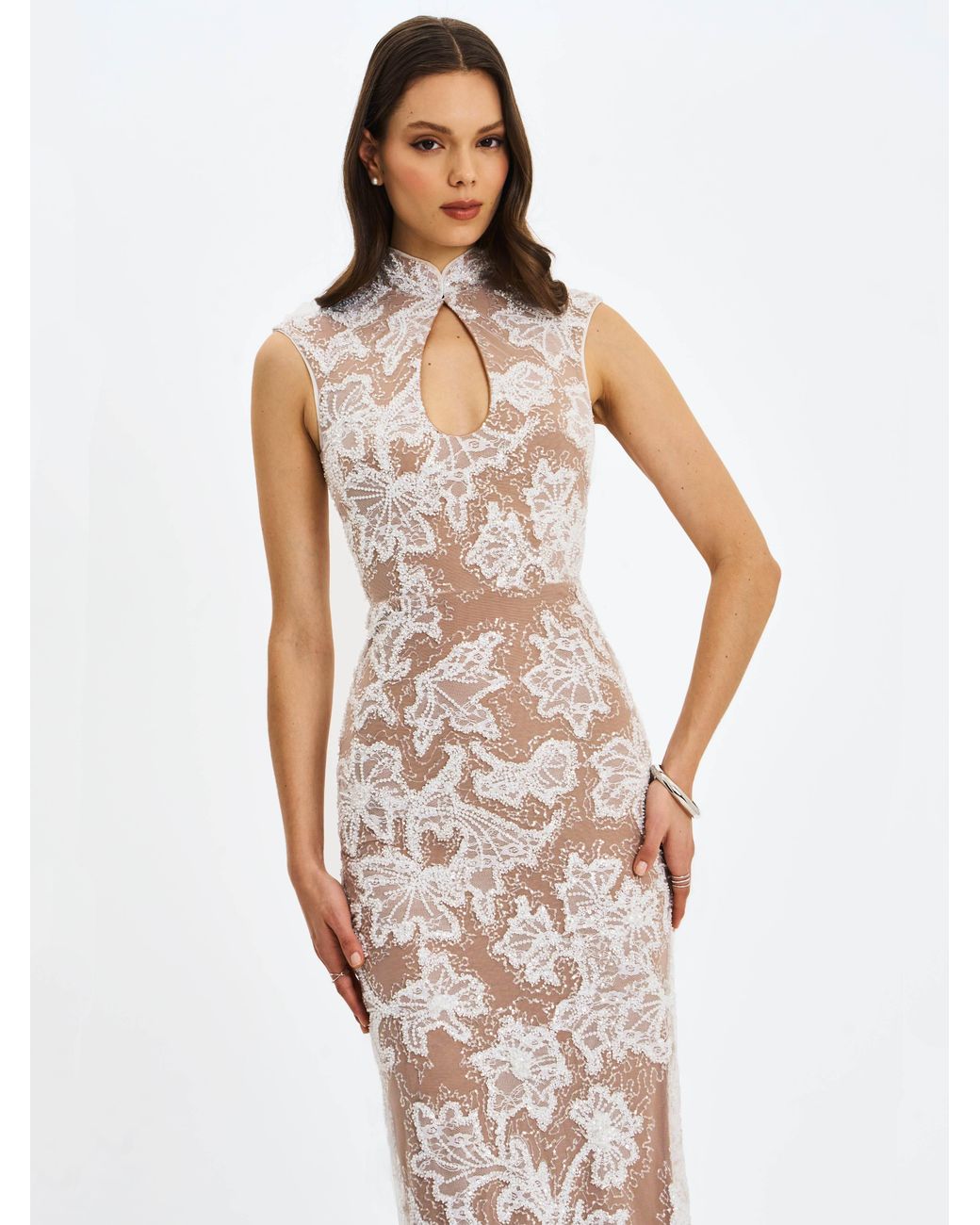 Miss Circle New York Gray Tavia Beaded Teardrop Neckline Maxi Dress