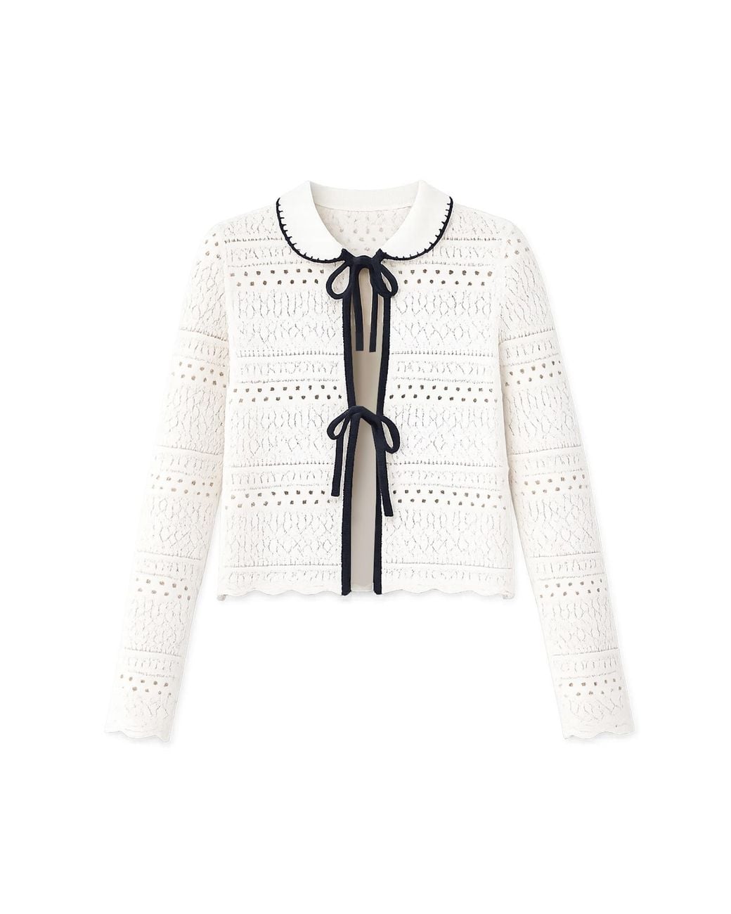 Yumi' White Ivory Crochet Knitted Cardigan With Peter Pan Collar