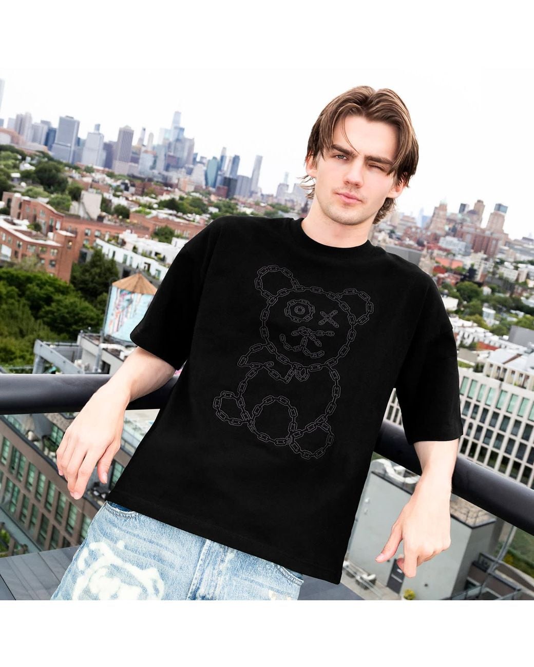 X Ilona Blue Black Universal Fit Graffiti Baby Bear Organic Cotton Charcoal Chain Link Embroidery Tee for men