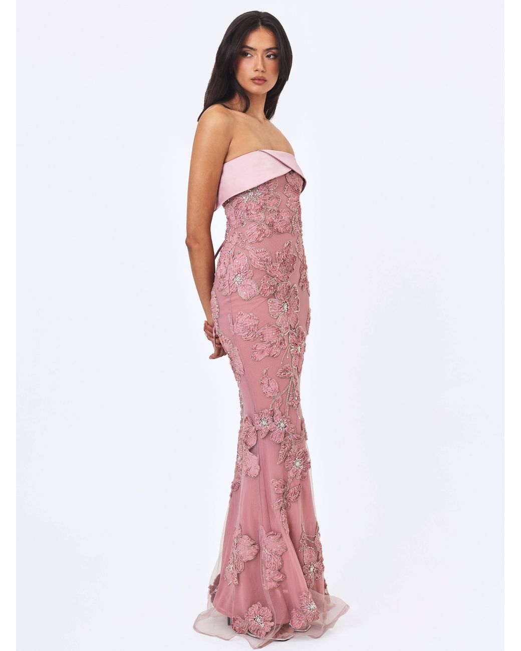 Miss Circle New York Purple Raphaela Dusty Beaded Floral Strapless Mermaid Maxi Dress