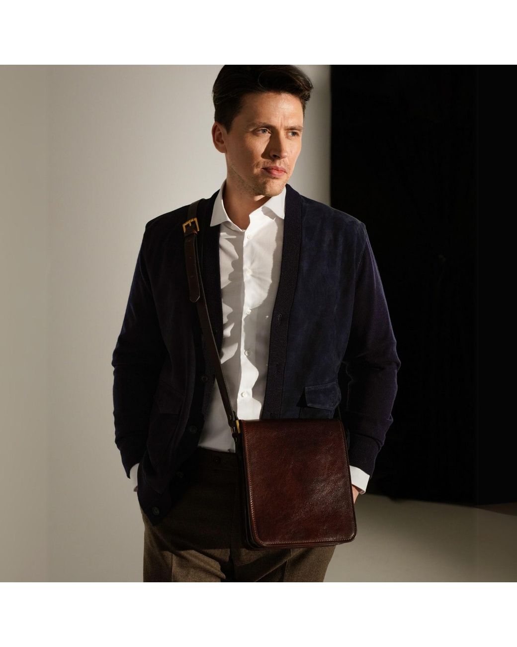 Time Resistance Brown Small Leather Messenger Bag for men