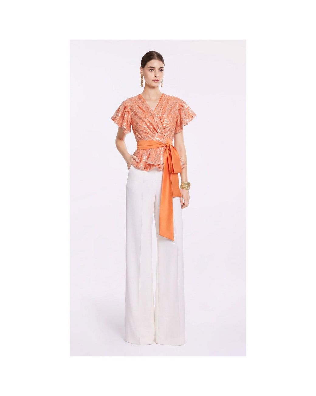 concept A trois Orange Sequin Wrap Top With Satin Tie-Belt