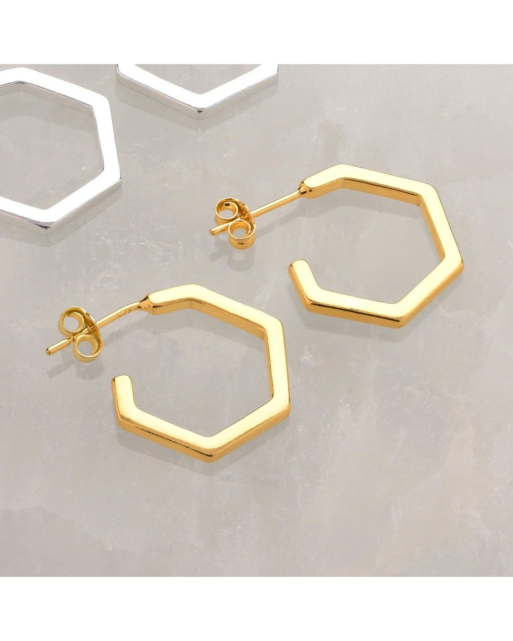 Nellou Jewellery Metallic Hex Hoop Earrings Plated Sterling