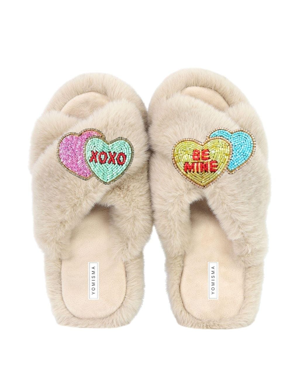 Yomisma Natural Neutrals Eco Faux Fur Slippers – Recycled Faux Fur “Be Mine + Xo” Valentines Removable Hand Beaded Brooches
